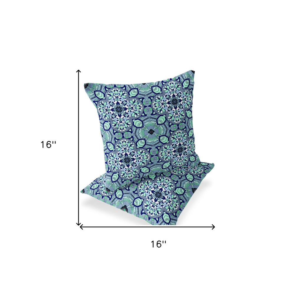 Set of Two 16" X 16" Blue, Green Blown Seam Floral Indoor Outdoor Throw Pillow. Picture 9