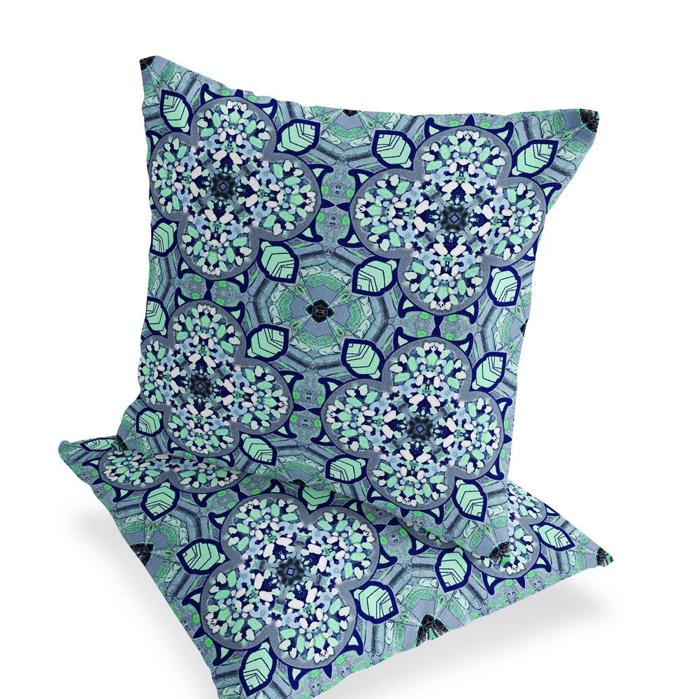 Set of Two 16" X 16" Blue, Green Blown Seam Floral Indoor Outdoor Throw Pillow. Picture 3