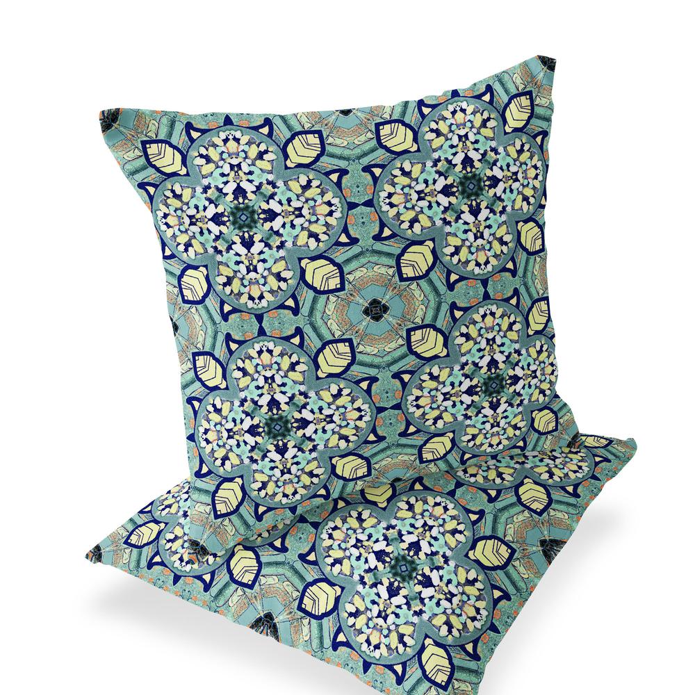 Green, Yellow Blown Seam Floral Indoor Outdoor Throw Pillow. Picture 1