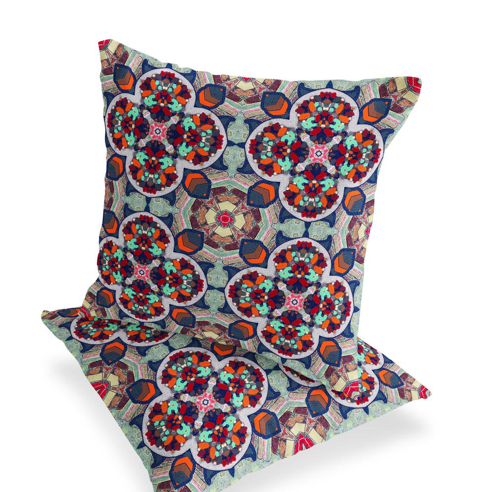 Set of Two 16" X 16" Blue, Orange Blown Seam Floral Indoor Outdoor Throw Pillow. Picture 3