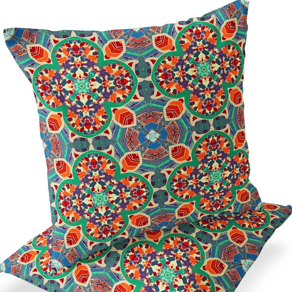 Set of Two 16" X 16" Blue, Orange Blown Seam Floral Indoor Outdoor Throw Pillow. Picture 6