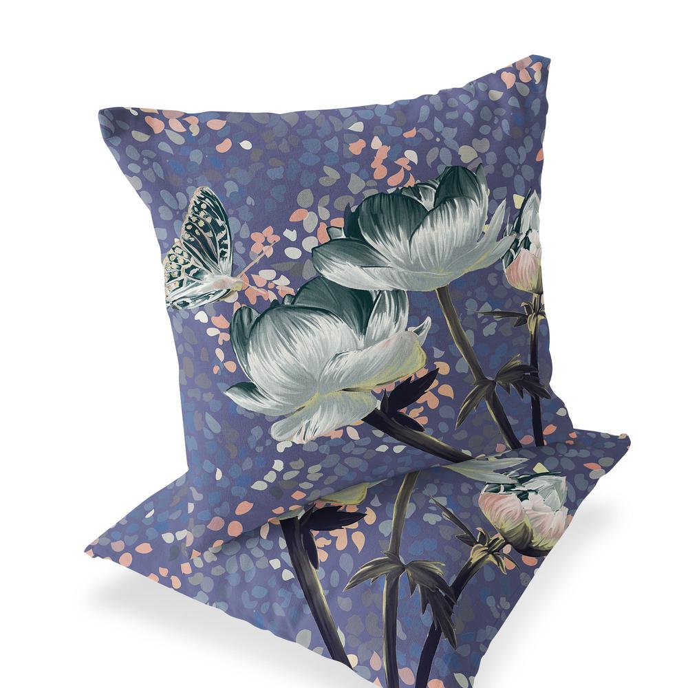 Green, Pink Butterfly Blown Seam Floral Indoor Outdoor Throw Pillow. Picture 1