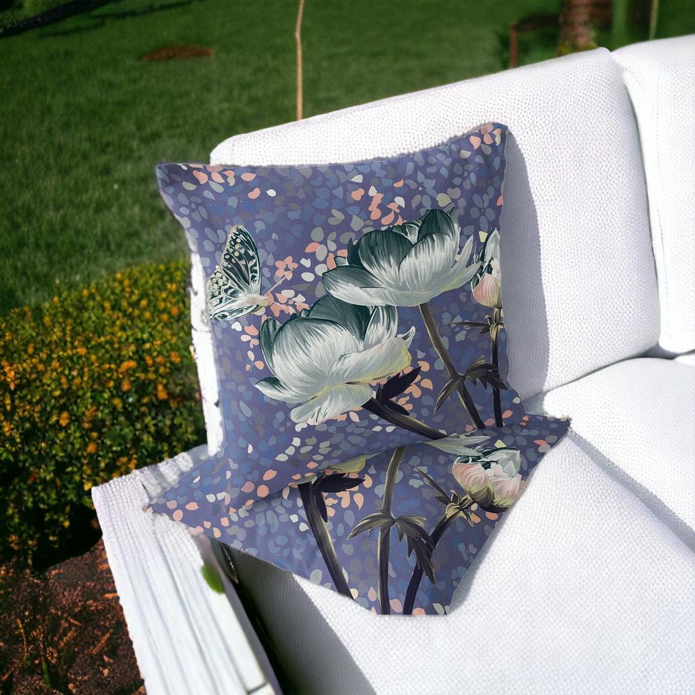 Green, Pink Butterfly Blown Seam Floral Indoor Outdoor Throw Pillow. Picture 2