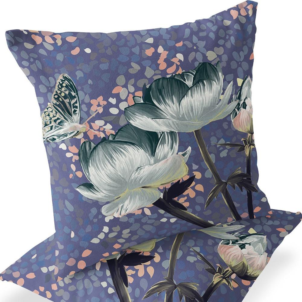 Green, Pink Butterfly Blown Seam Floral Indoor Outdoor Throw Pillow. Picture 6