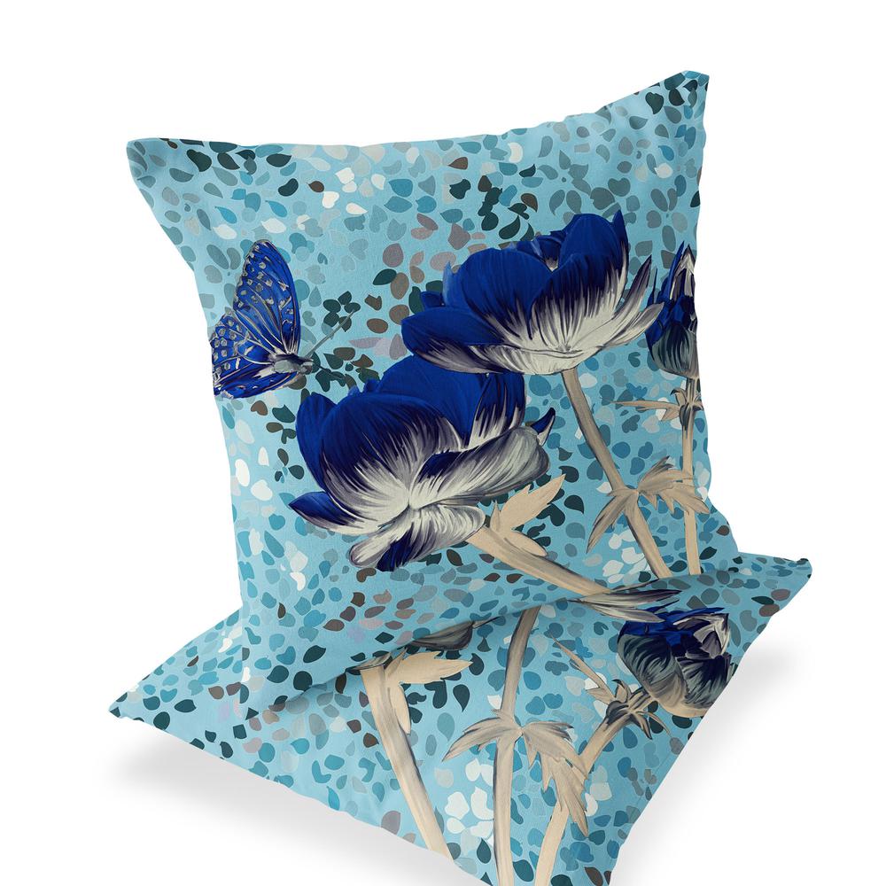 Blue, Gray Butterfly Blown Seam Floral Indoor Outdoor Throw Pillow. Picture 1