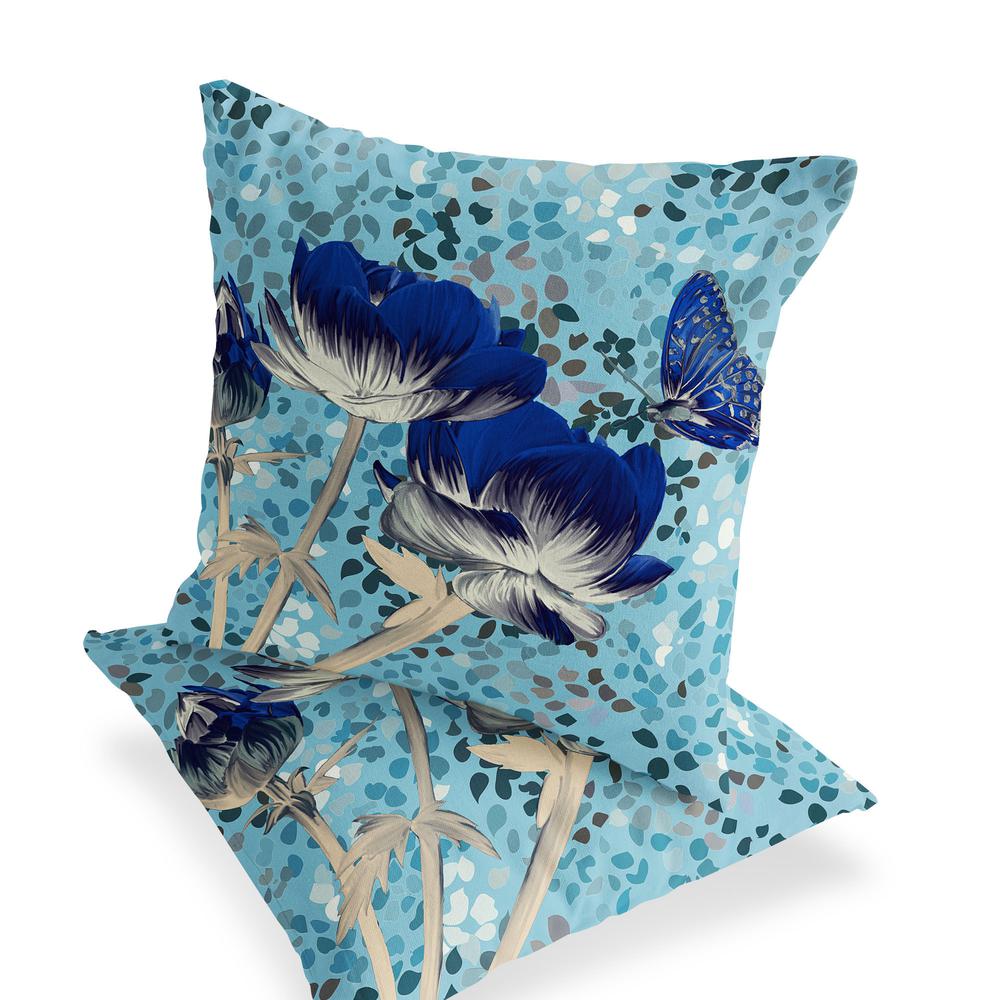 Blue, Gray Butterfly Blown Seam Floral Indoor Outdoor Throw Pillow. Picture 3