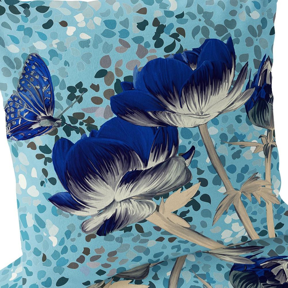 Blue, Gray Butterfly Blown Seam Floral Indoor Outdoor Throw Pillow. Picture 5