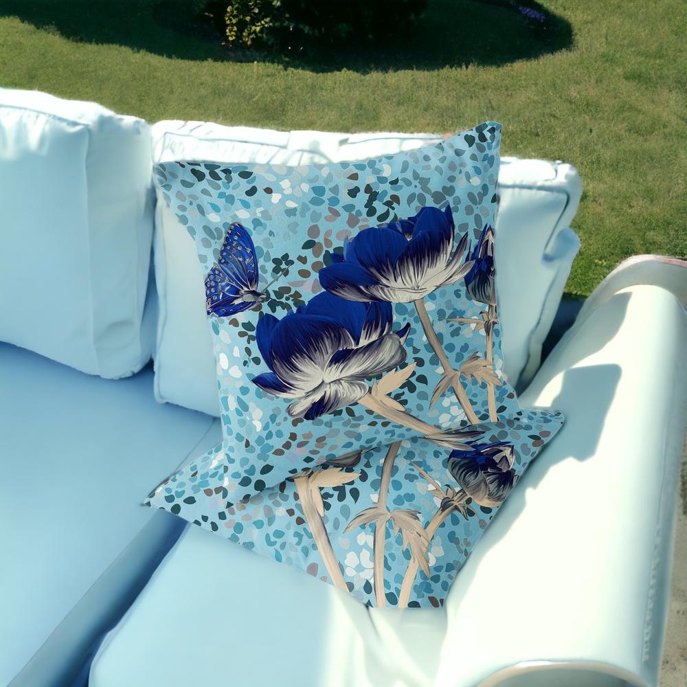 Blue, Gray Butterfly Blown Seam Floral Indoor Outdoor Throw Pillow. Picture 2