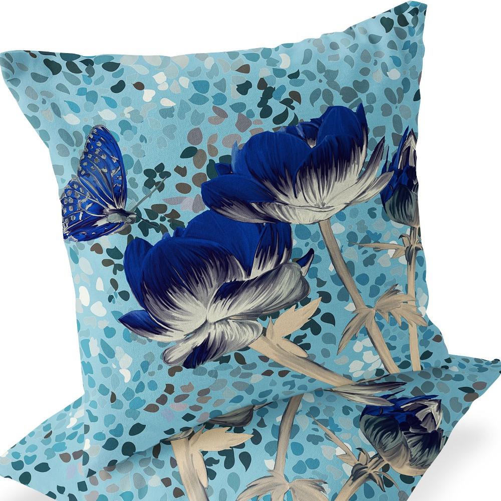 Blue, Gray Butterfly Blown Seam Floral Indoor Outdoor Throw Pillow. Picture 6