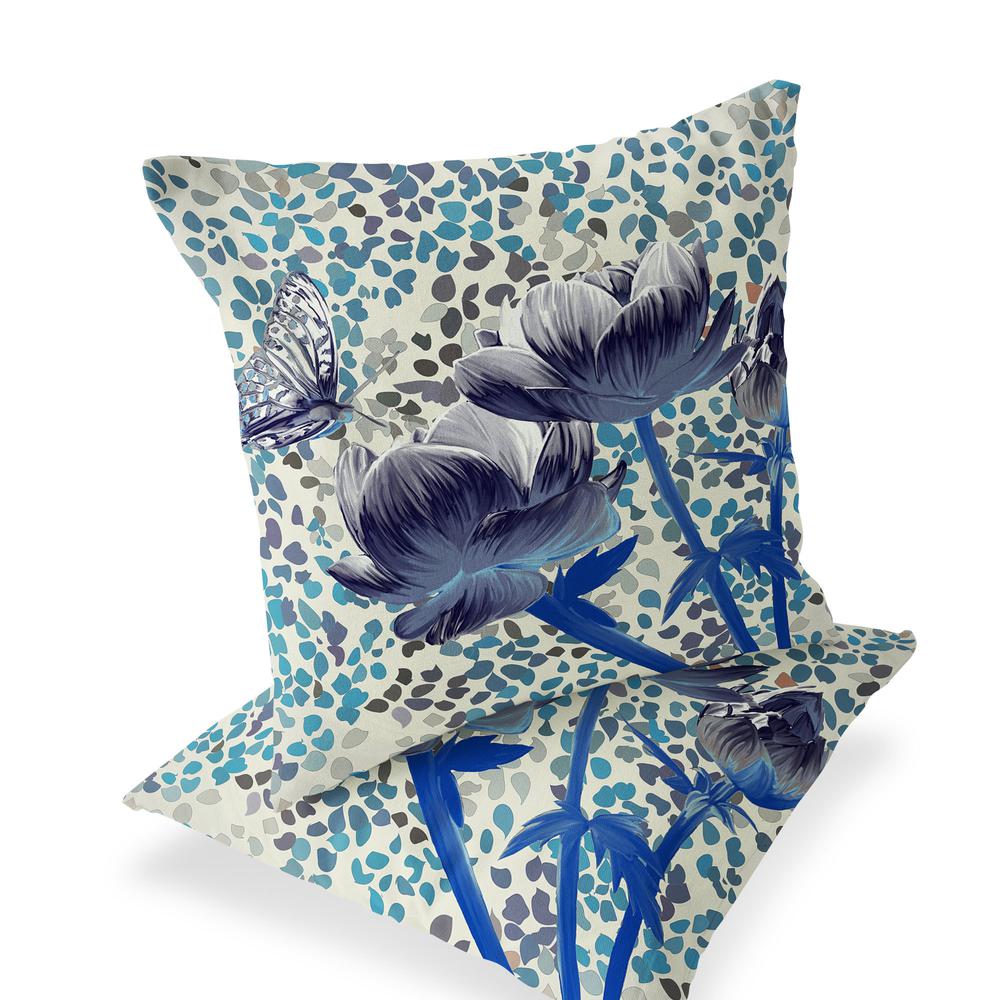 Blue, Gray Butterfly Blown Seam Floral Indoor Outdoor Throw Pillow. Picture 1