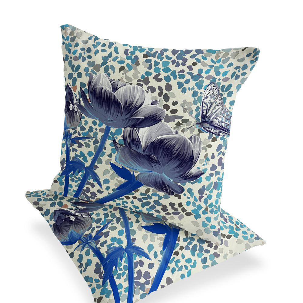 Blue, Gray Butterfly Blown Seam Floral Indoor Outdoor Throw Pillow. Picture 3