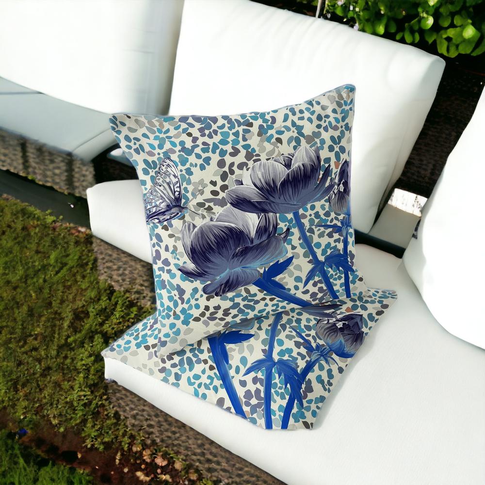 Blue, Gray Butterfly Blown Seam Floral Indoor Outdoor Throw Pillow. Picture 2