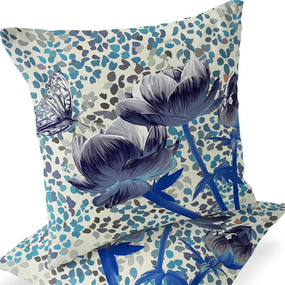 Blue, Gray Butterfly Blown Seam Floral Indoor Outdoor Throw Pillow. Picture 6