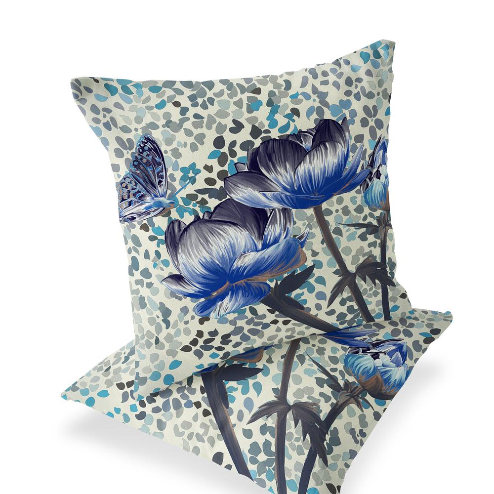 Blue, Green Butterfly Blown Seam Floral Indoor Outdoor Throw Pillow. Picture 1