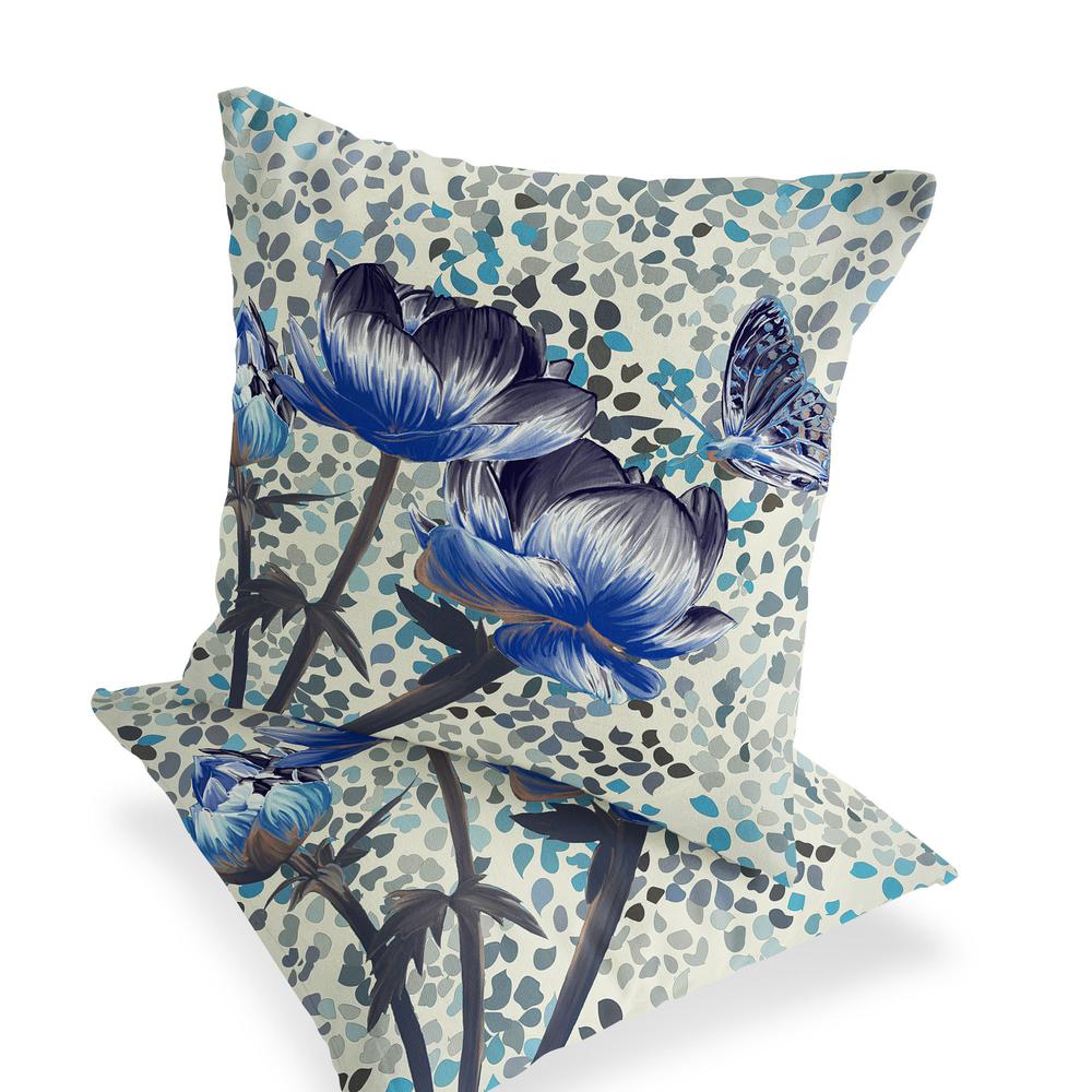 Blue, Green Butterfly Blown Seam Floral Indoor Outdoor Throw Pillow. Picture 4