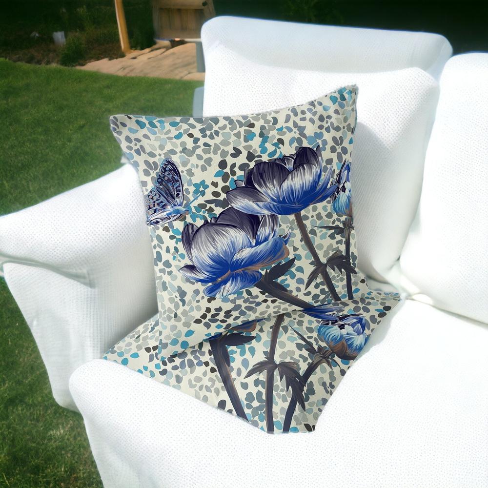 Blue, Green Butterfly Blown Seam Floral Indoor Outdoor Throw Pillow. Picture 2