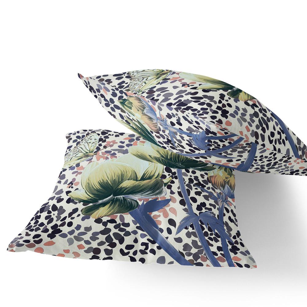 Blue, Green Butterfly Blown Seam Floral Indoor Outdoor Throw Pillow. Picture 4