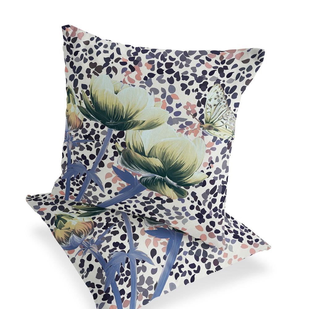 Blue, Green Butterfly Blown Seam Floral Indoor Outdoor Throw Pillow. Picture 3
