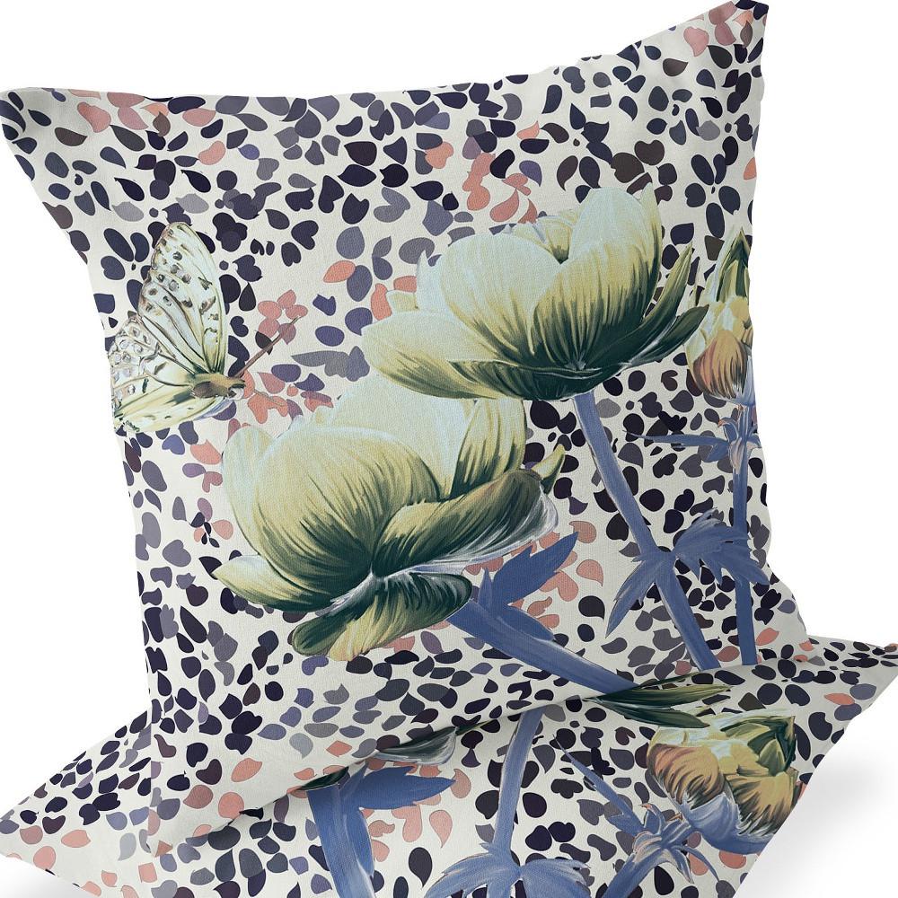 Blue, Green Butterfly Blown Seam Floral Indoor Outdoor Throw Pillow. Picture 5