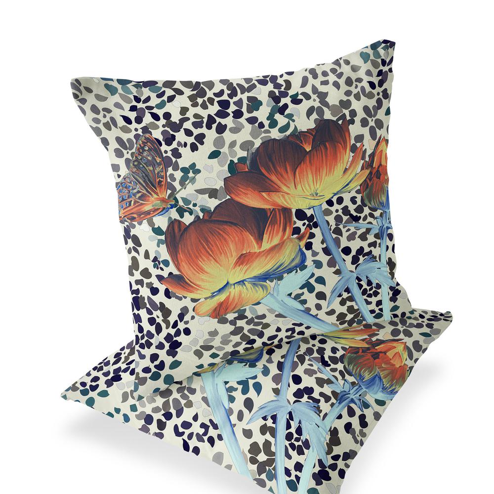 Blue, Orange Butterfly Blown Seam Floral Indoor Outdoor Throw Pillow. Picture 1