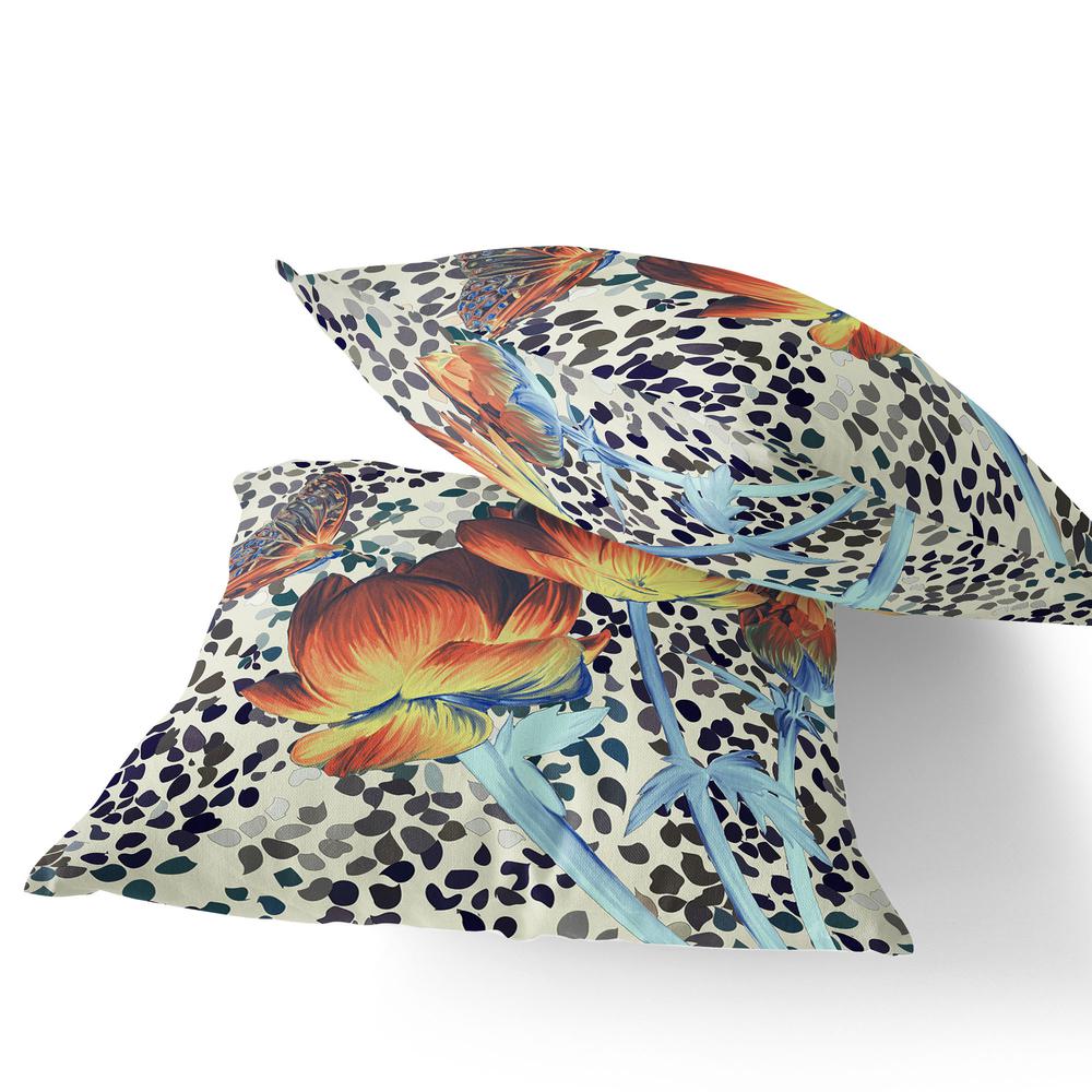 Blue, Orange Butterfly Blown Seam Floral Indoor Outdoor Throw Pillow. Picture 3