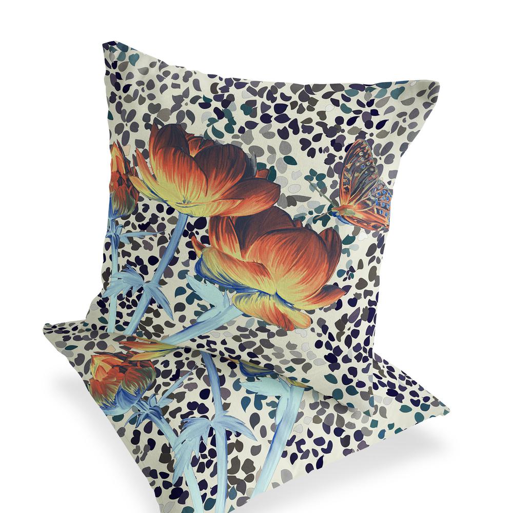 Blue, Orange Butterfly Blown Seam Floral Indoor Outdoor Throw Pillow. Picture 4