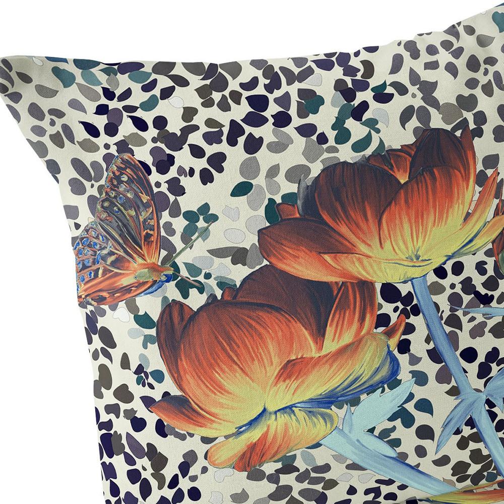 Blue, Orange Butterfly Blown Seam Floral Indoor Outdoor Throw Pillow. Picture 6