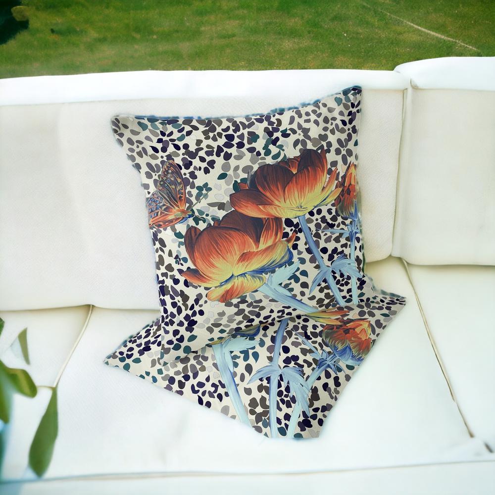 Blue, Orange Butterfly Blown Seam Floral Indoor Outdoor Throw Pillow. Picture 2