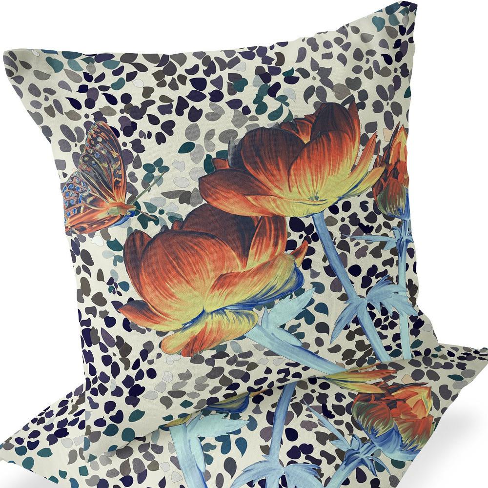 Blue, Orange Butterfly Blown Seam Floral Indoor Outdoor Throw Pillow. Picture 5