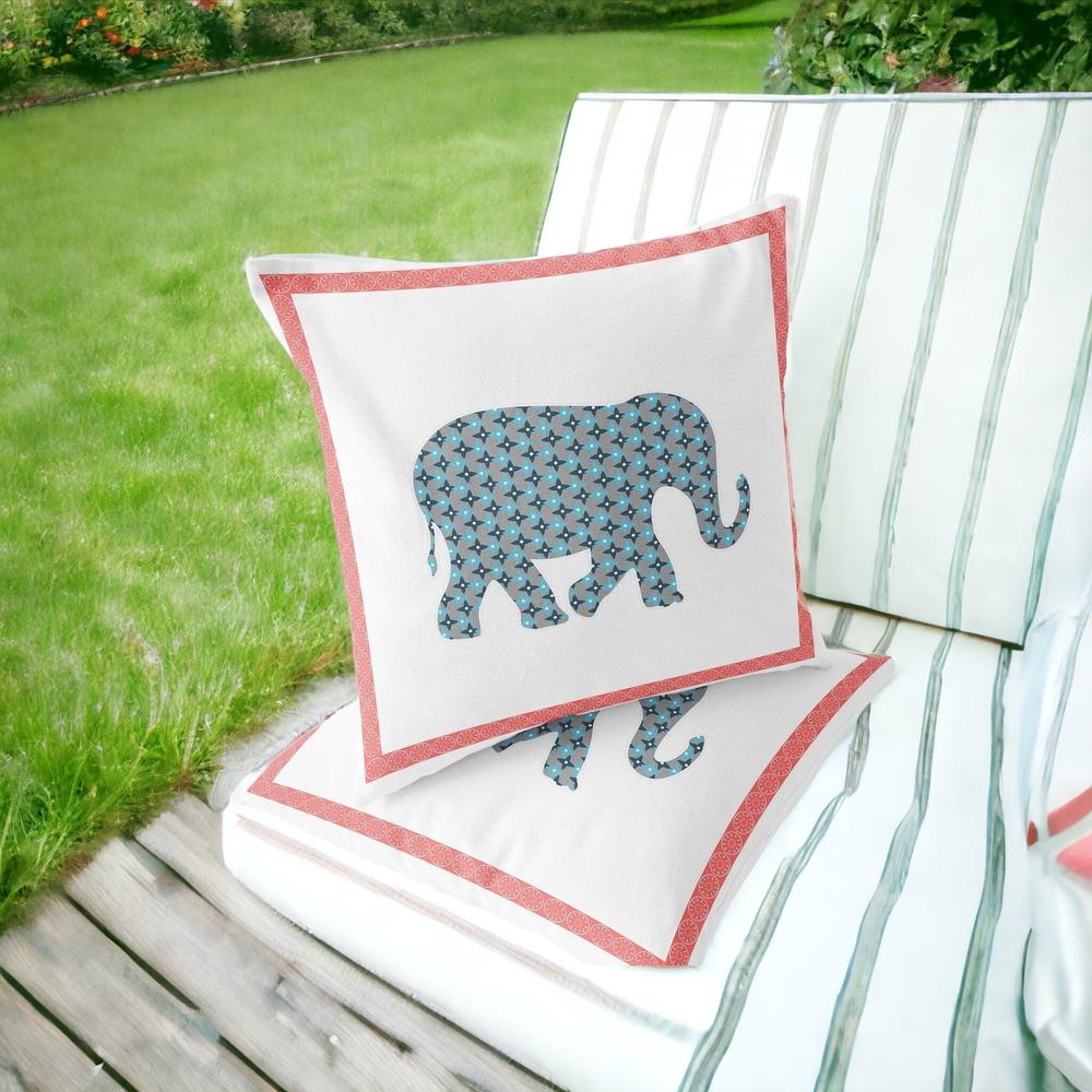 Blue, White Elephant Blown Seam Animal Print Indoor Outdoor Throw Pillow. Picture 2