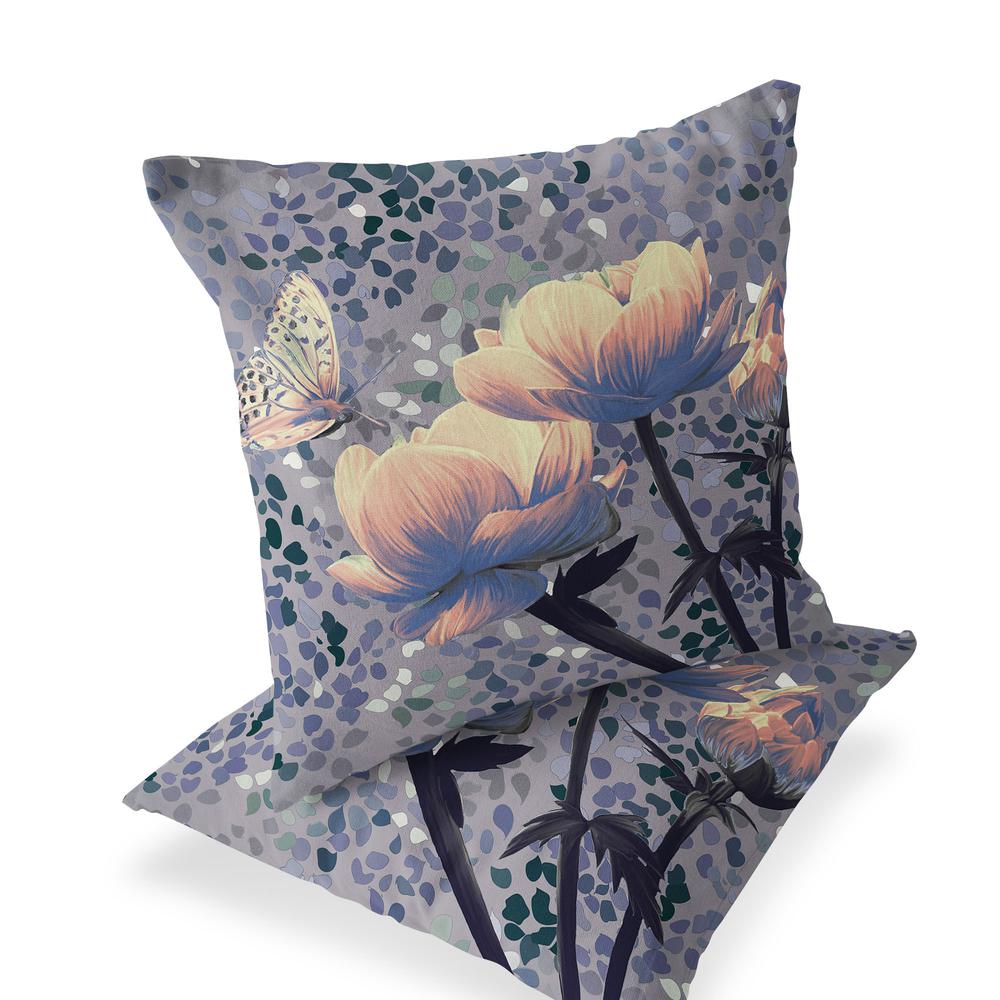 Gray, Yellow Butterfly Blown Seam Floral Indoor Outdoor Throw Pillow. Picture 1