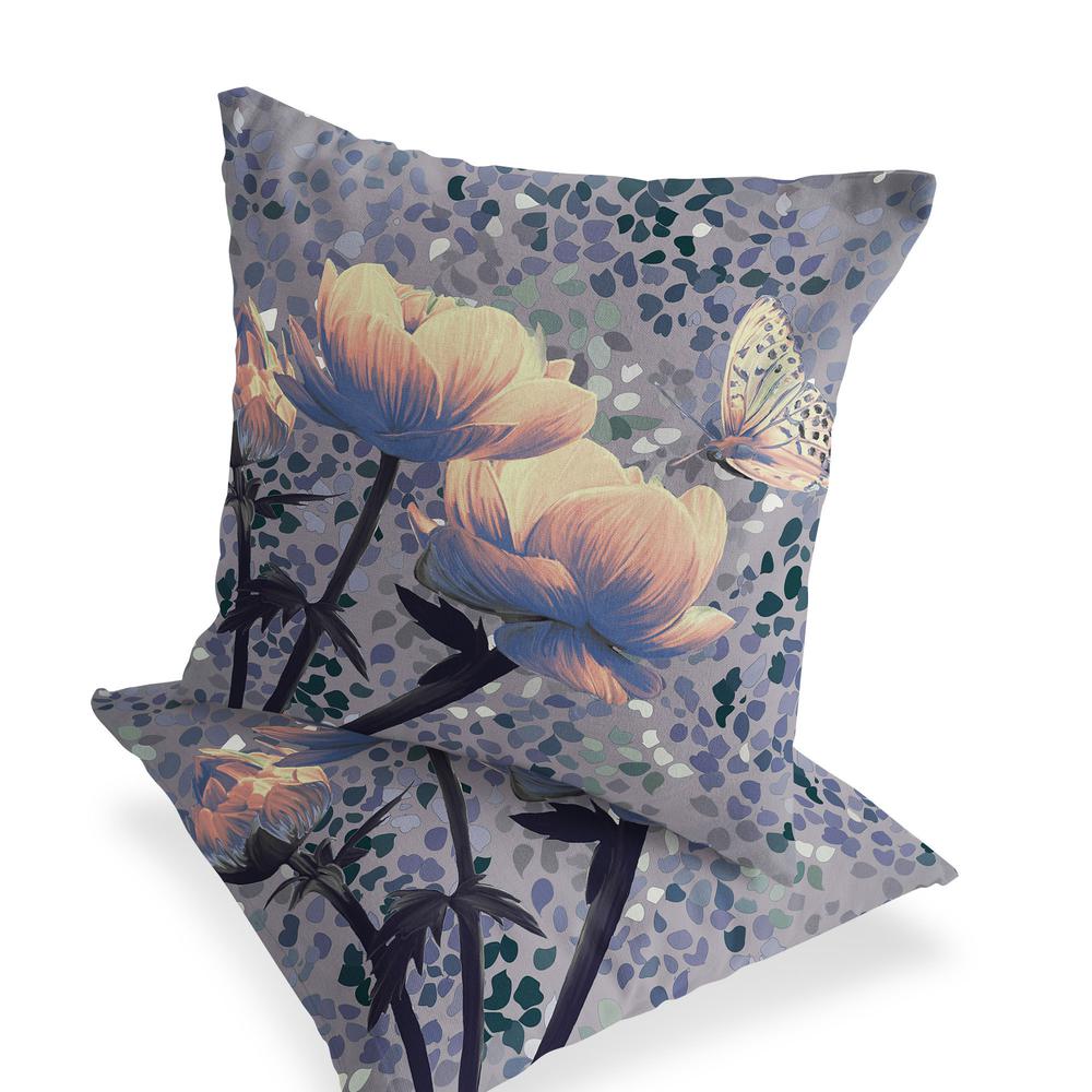 Gray, Yellow Butterfly Blown Seam Floral Indoor Outdoor Throw Pillow. Picture 3