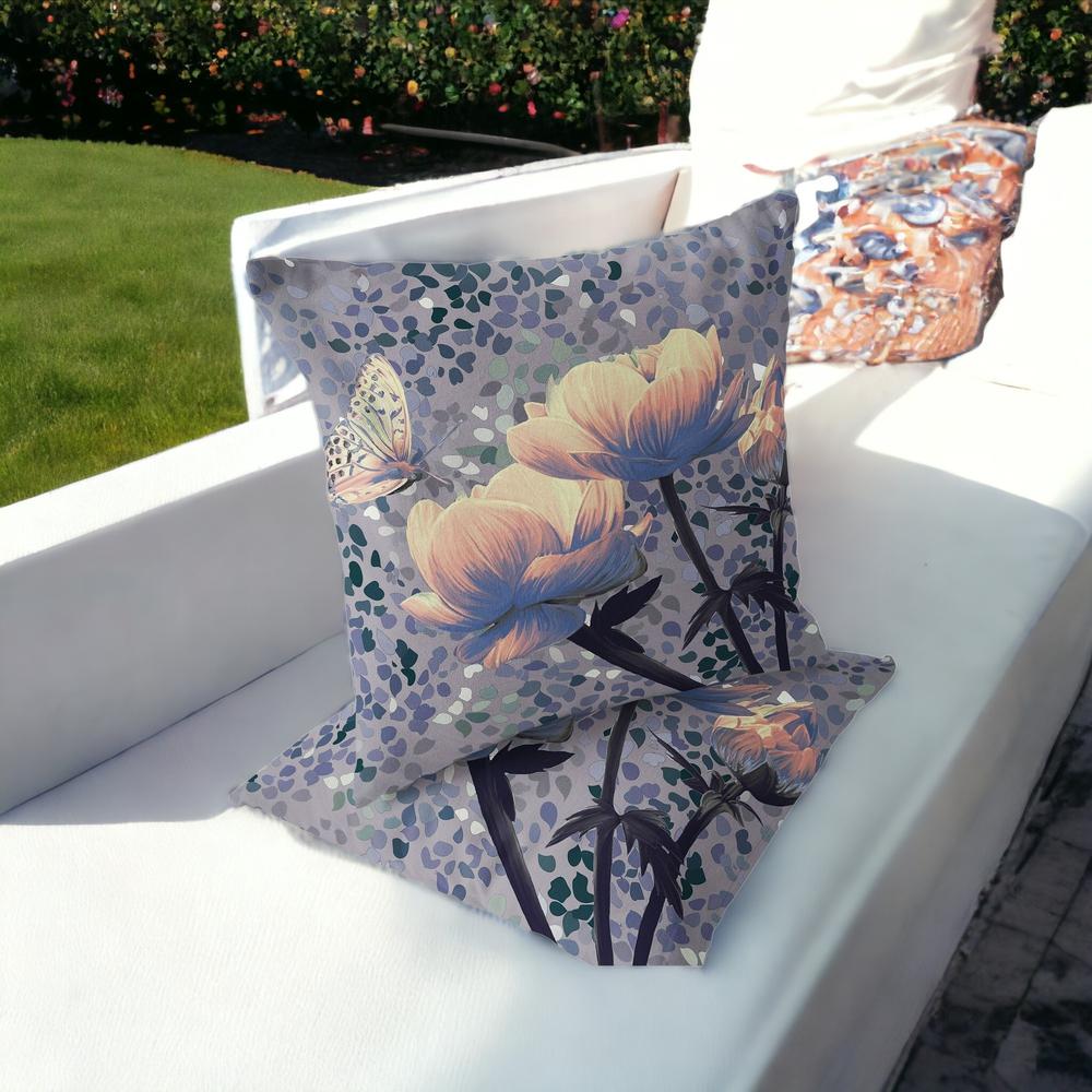 Gray, Yellow Butterfly Blown Seam Floral Indoor Outdoor Throw Pillow. Picture 2