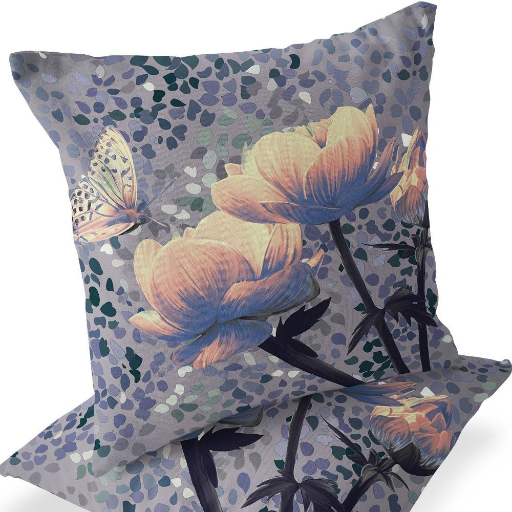 Gray, Yellow Butterfly Blown Seam Floral Indoor Outdoor Throw Pillow. Picture 4