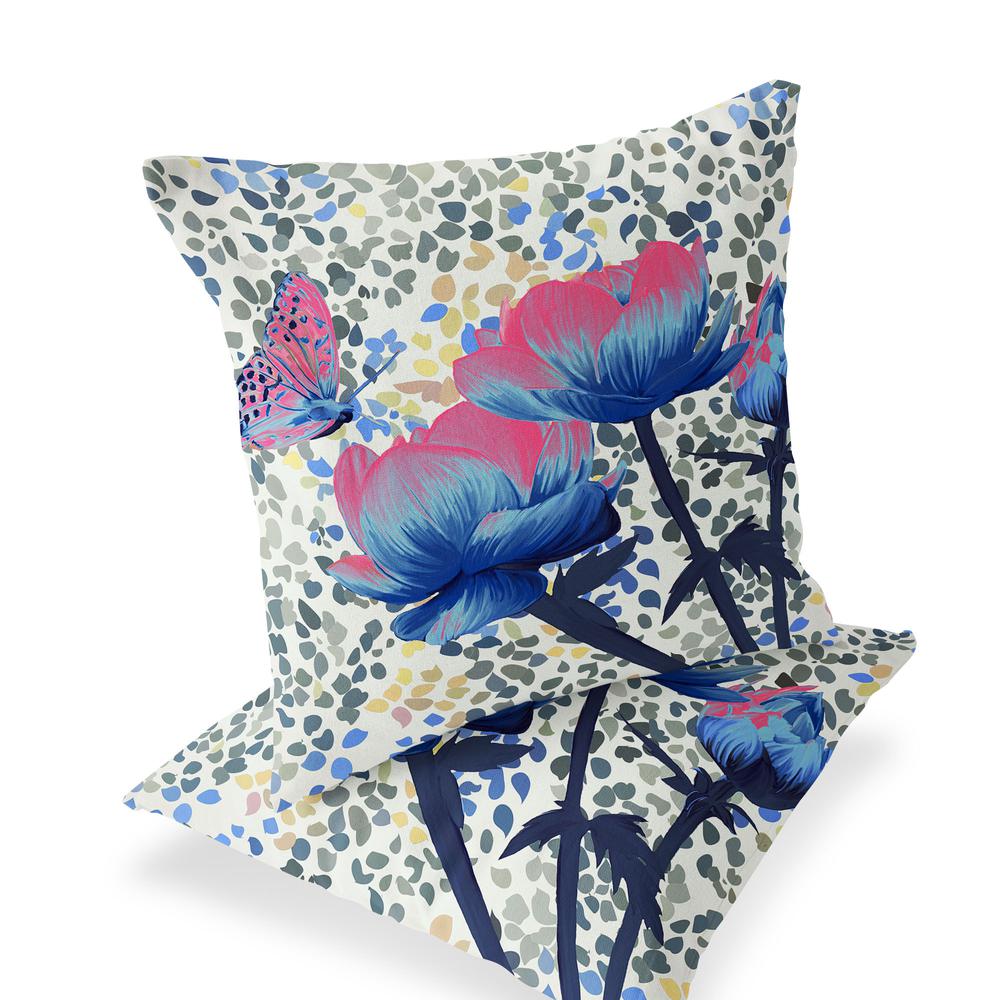 Blue, Pink Butterfly Blown Seam Floral Indoor Outdoor Throw Pillow. Picture 1