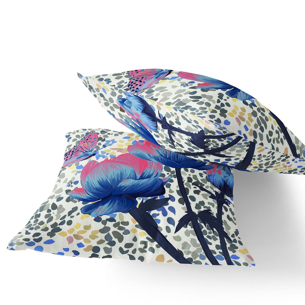 Blue, Pink Butterfly Blown Seam Floral Indoor Outdoor Throw Pillow. Picture 4