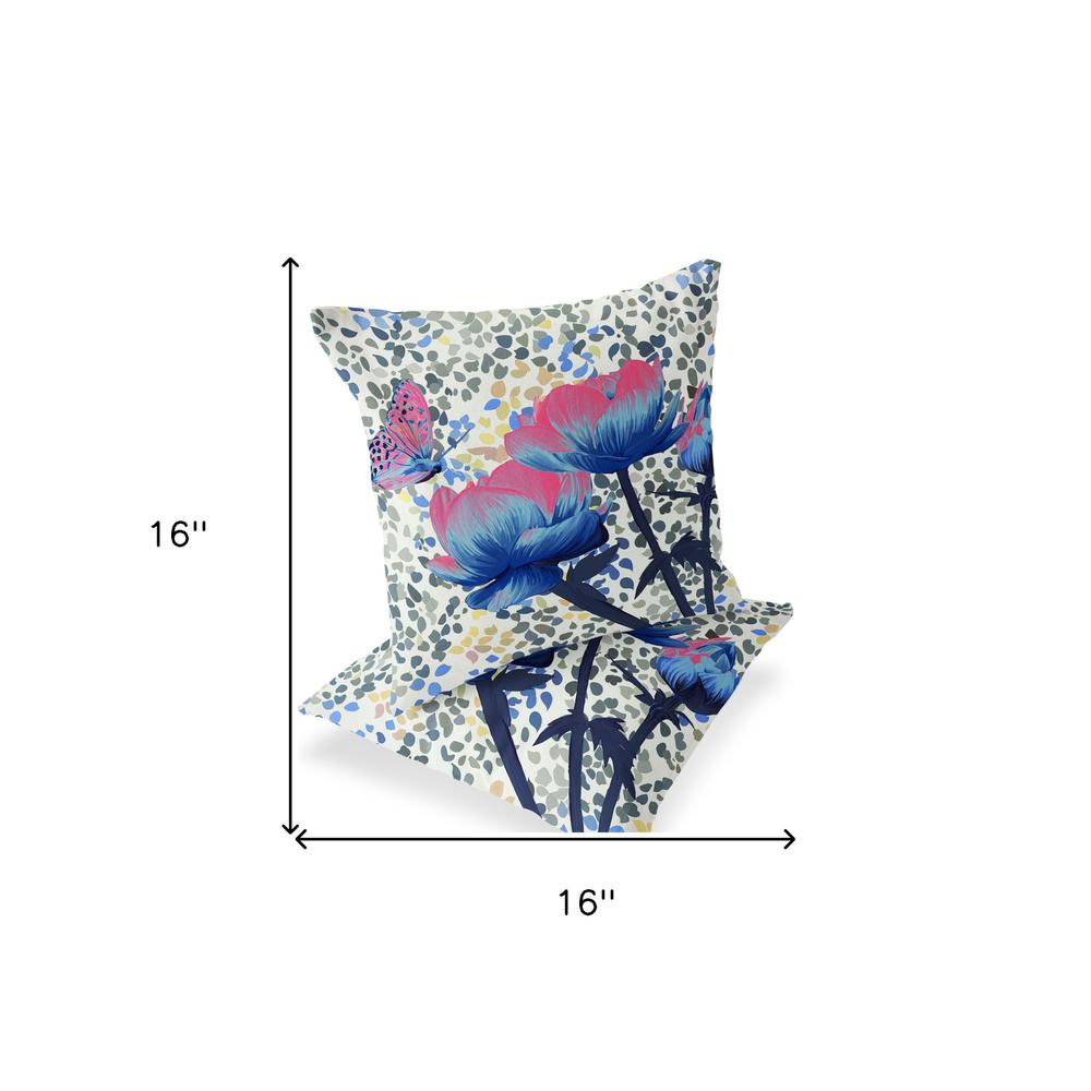 Blue, Pink Butterfly Blown Seam Floral Indoor Outdoor Throw Pillow. Picture 8