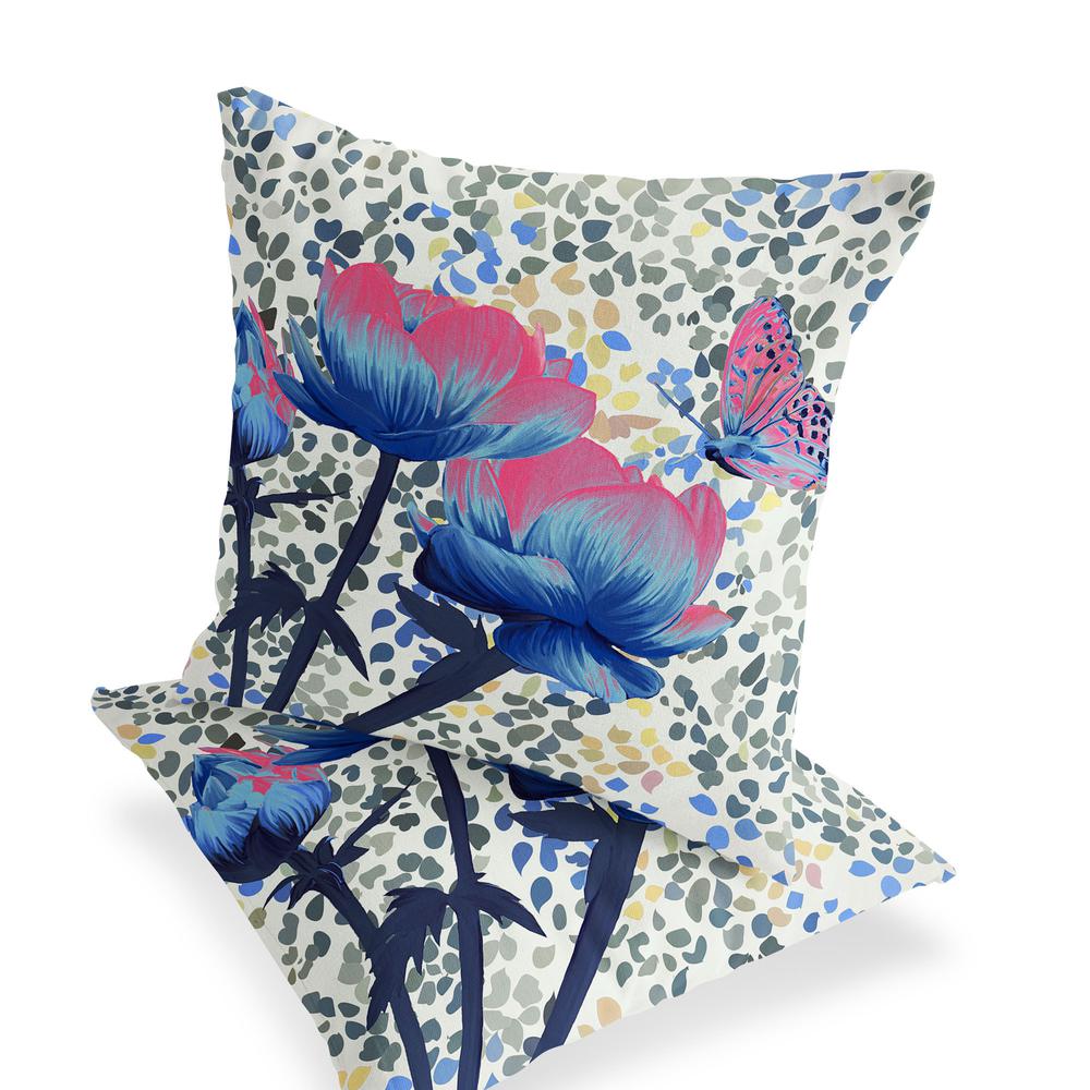 Blue, Pink Butterfly Blown Seam Floral Indoor Outdoor Throw Pillow. Picture 3