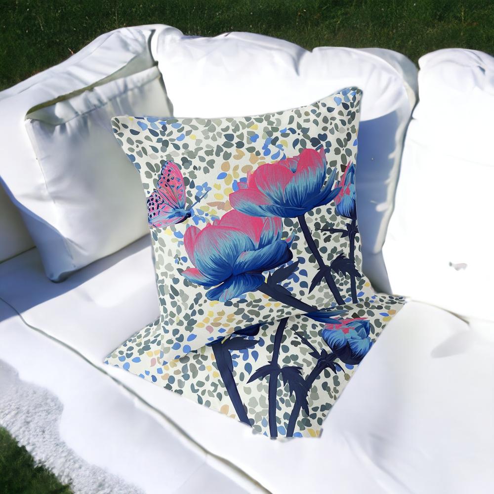 Blue, Pink Butterfly Blown Seam Floral Indoor Outdoor Throw Pillow. Picture 2