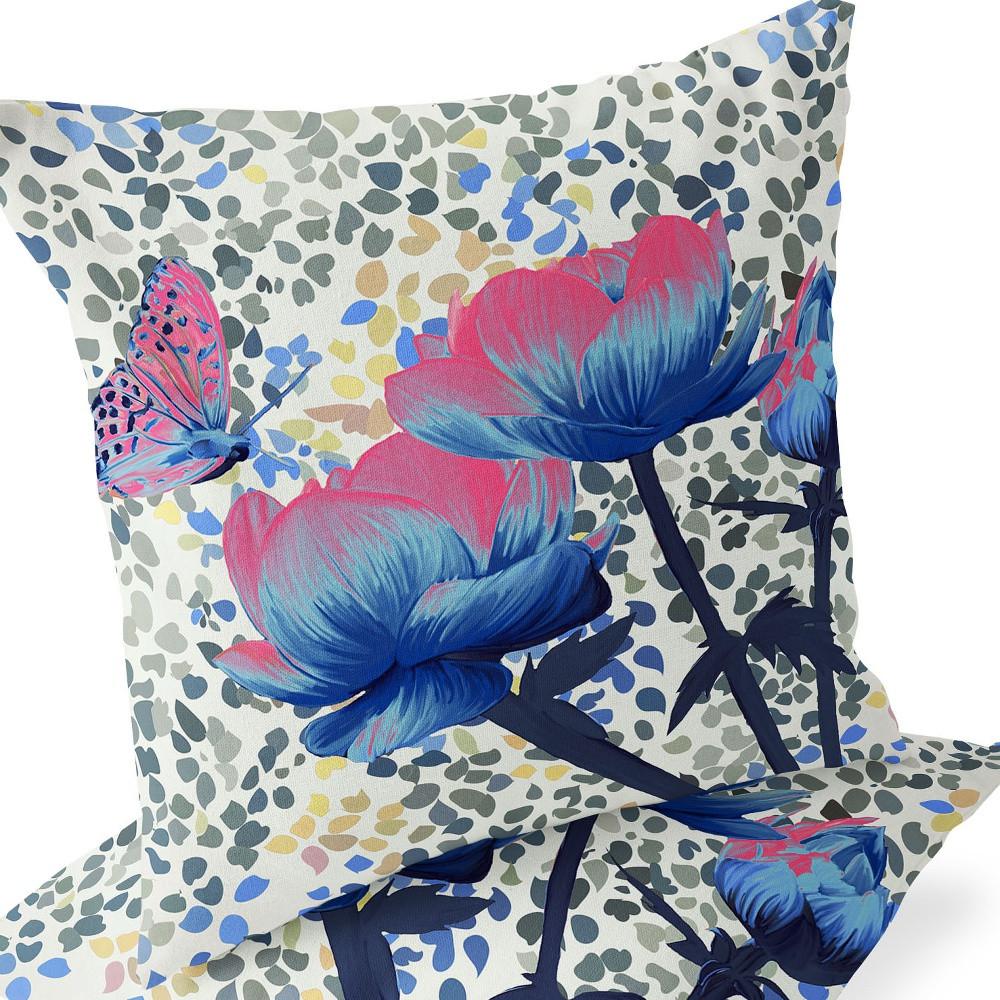 Blue, Pink Butterfly Blown Seam Floral Indoor Outdoor Throw Pillow. Picture 5