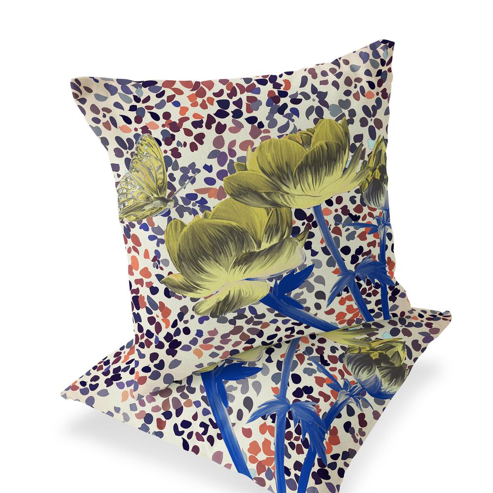 Blue, Yellow Butterfly Blown Seam Floral Indoor Outdoor Throw Pillow. Picture 1