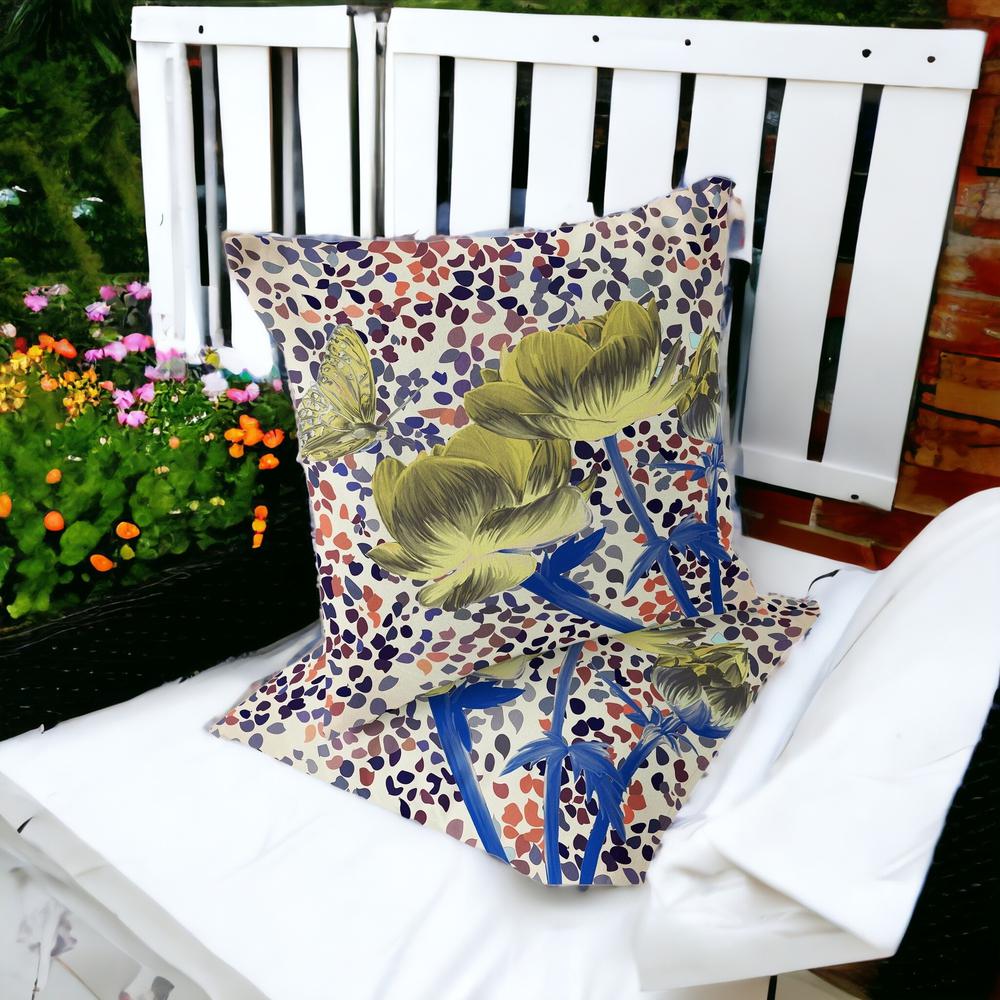 Blue, Yellow Butterfly Blown Seam Floral Indoor Outdoor Throw Pillow. Picture 2