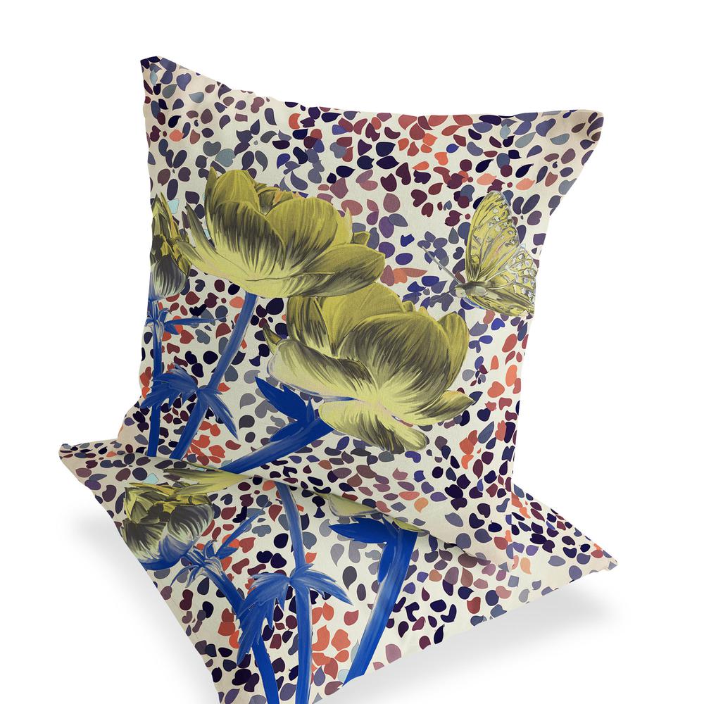 Blue, Yellow Butterfly Blown Seam Floral Indoor Outdoor Throw Pillow. Picture 3