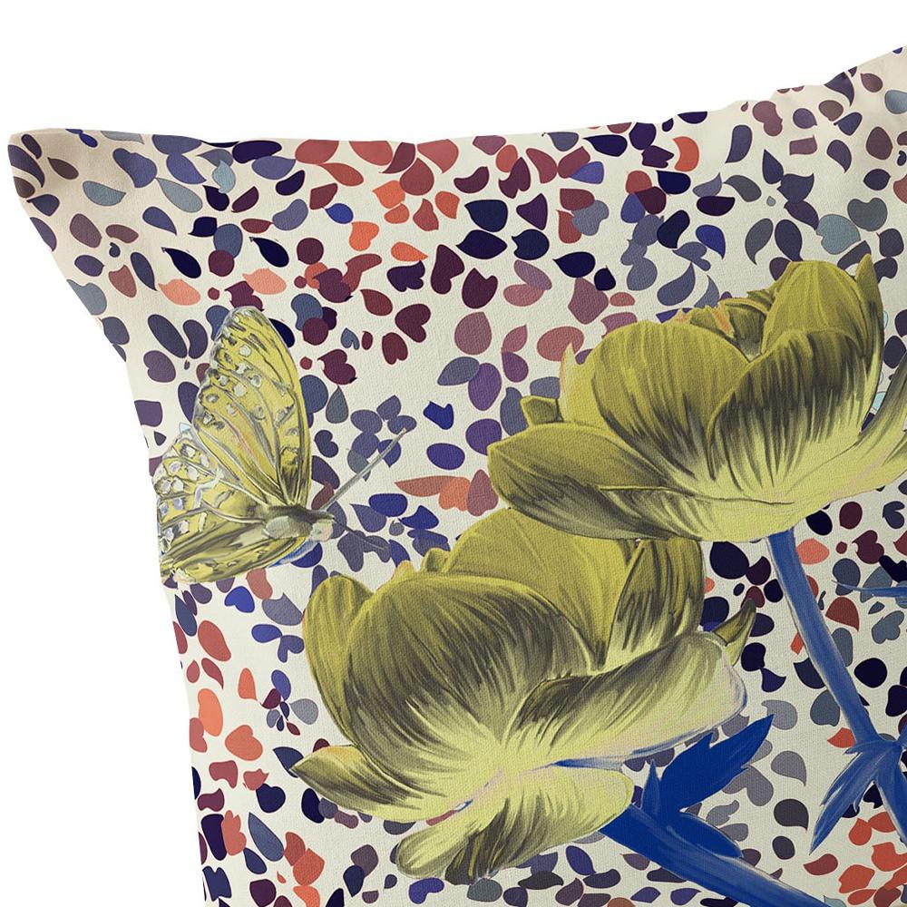 Blue, Yellow Butterfly Blown Seam Floral Indoor Outdoor Throw Pillow. Picture 5