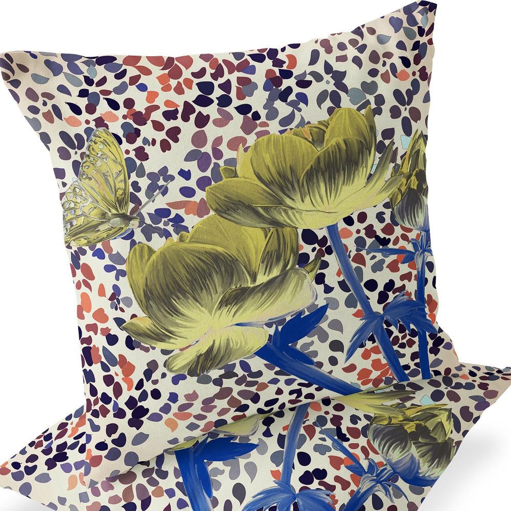 Blue, Yellow Butterfly Blown Seam Floral Indoor Outdoor Throw Pillow. Picture 6