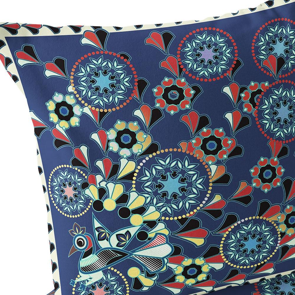 Blue, Off White Peacock Blown Seam Floral Indoor Outdoor Throw Pillow. Picture 6