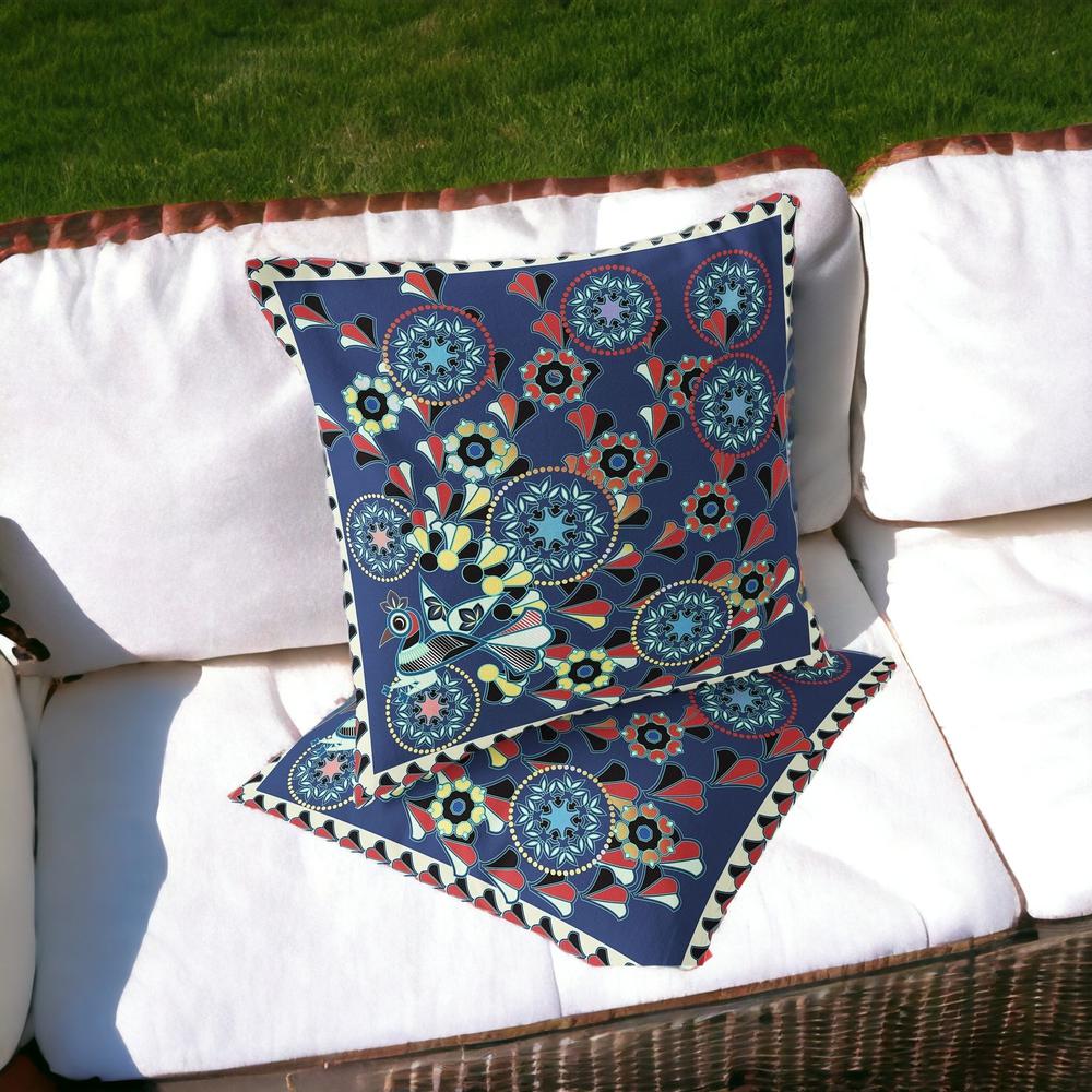 Blue, Off White Peacock Blown Seam Floral Indoor Outdoor Throw Pillow. Picture 2