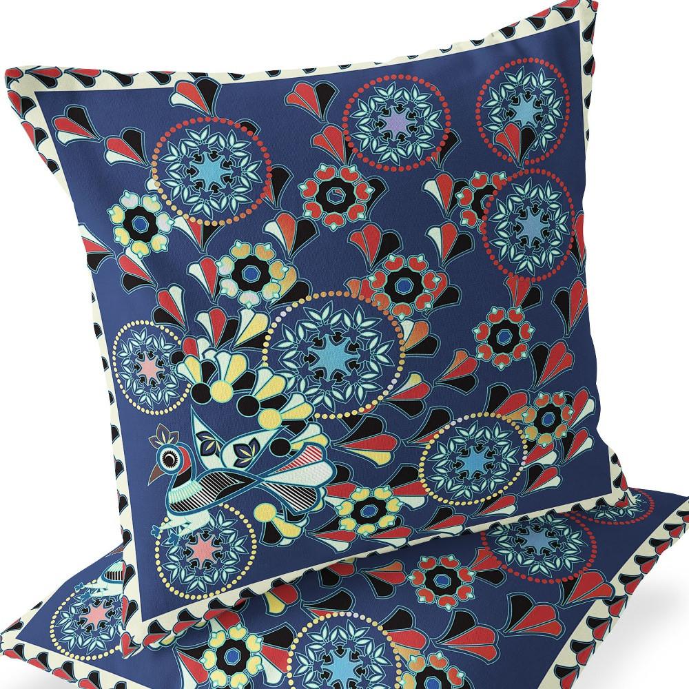Blue, Off White Peacock Blown Seam Floral Indoor Outdoor Throw Pillow. Picture 5