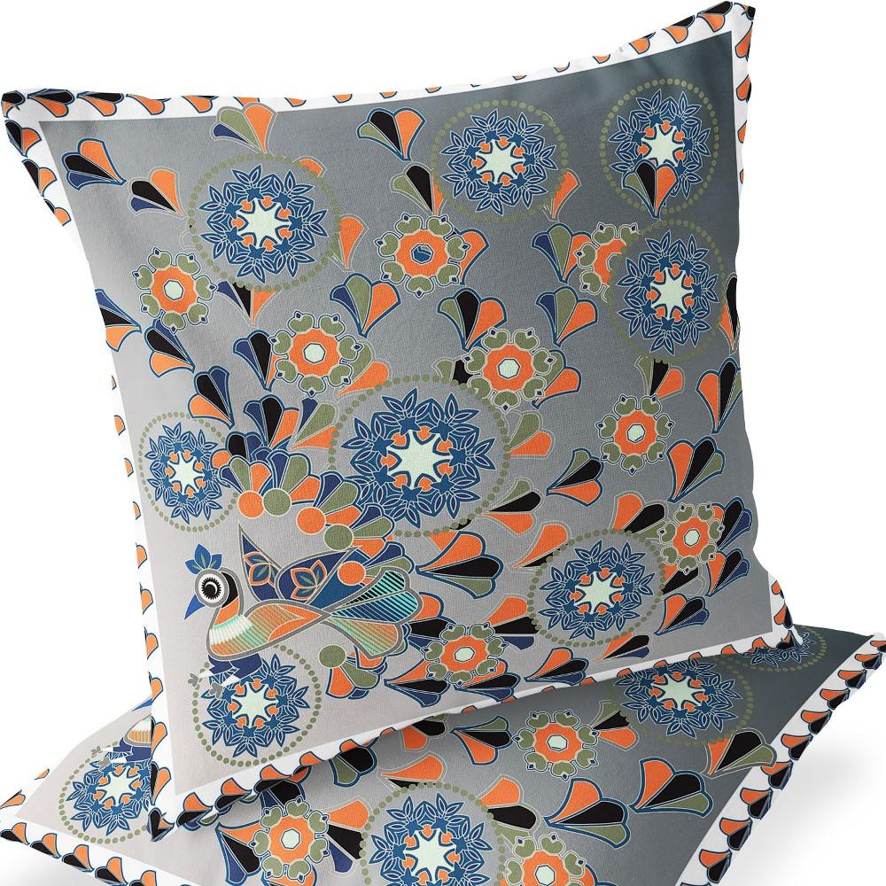 Gray, White Peacock Blown Seam Floral Indoor Outdoor Throw Pillow. Picture 7
