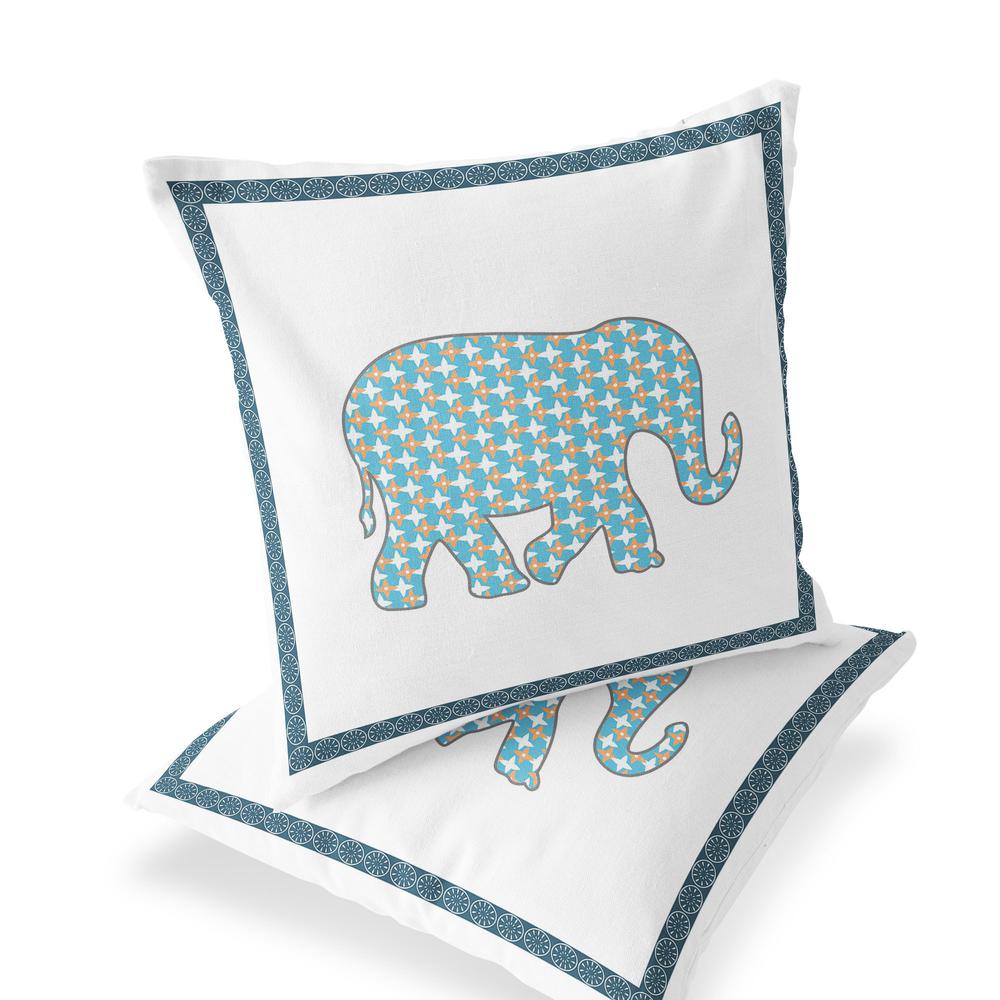 Blue, White Elephant Blown Seam Animal Print Indoor Outdoor Throw Pillow. Picture 1
